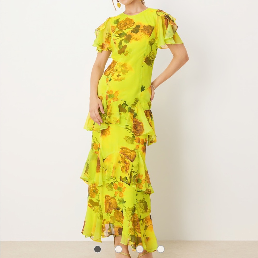 ASOS DESIGN ruffle chiffon maxi dress in green based floral print